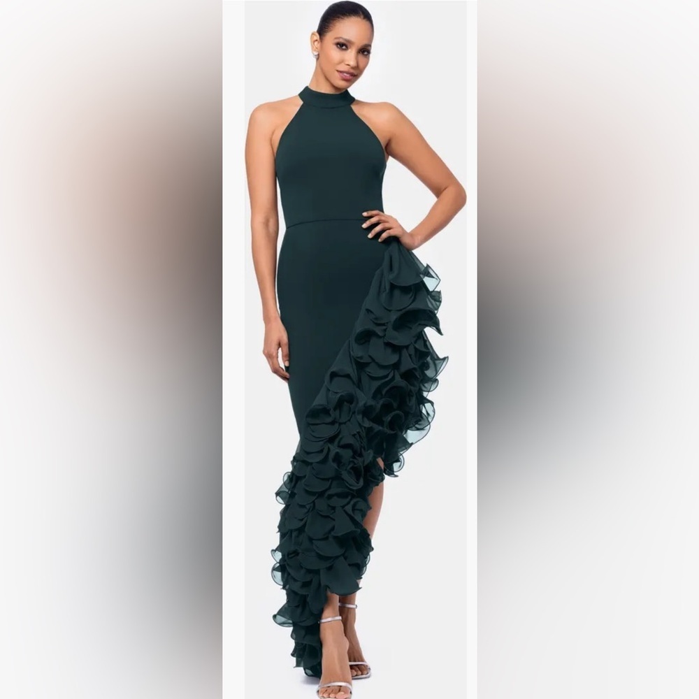 NWOT $340 Betsy & Adam Ruffle Detail Asymmetric Body-Con Ponte Gown Pine Sz 10